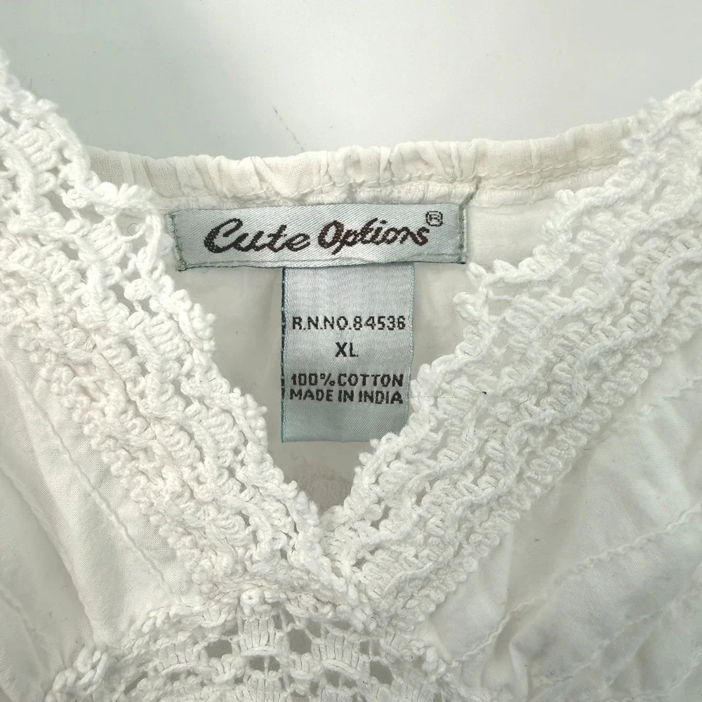 Y2K Vintage White Tiered Crochet Dress Juniors XL Cotton Flowy‎ Festival Boho